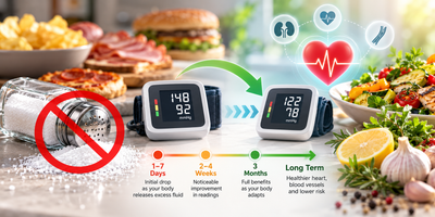 How quickly blood pressure can improve after reducing sodium, shown with a blood pressure monitor, lower-sodium foods, and a health timeline