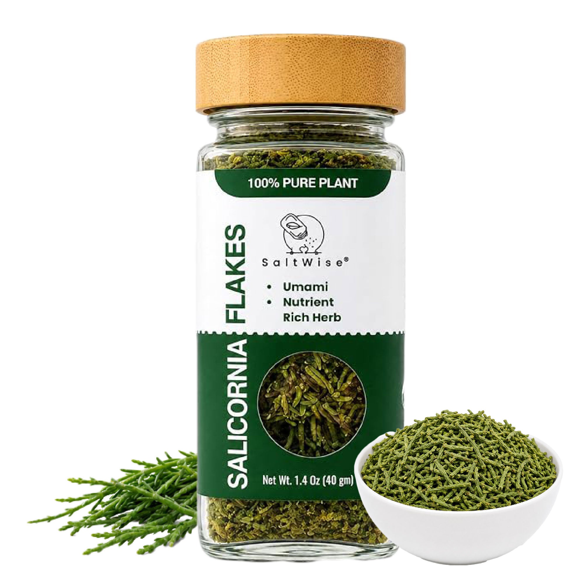 SaltWise Salicornia Flakes, Umami Herb, Dried Sea Asparagus (Samphire, Sea Beans), 40g