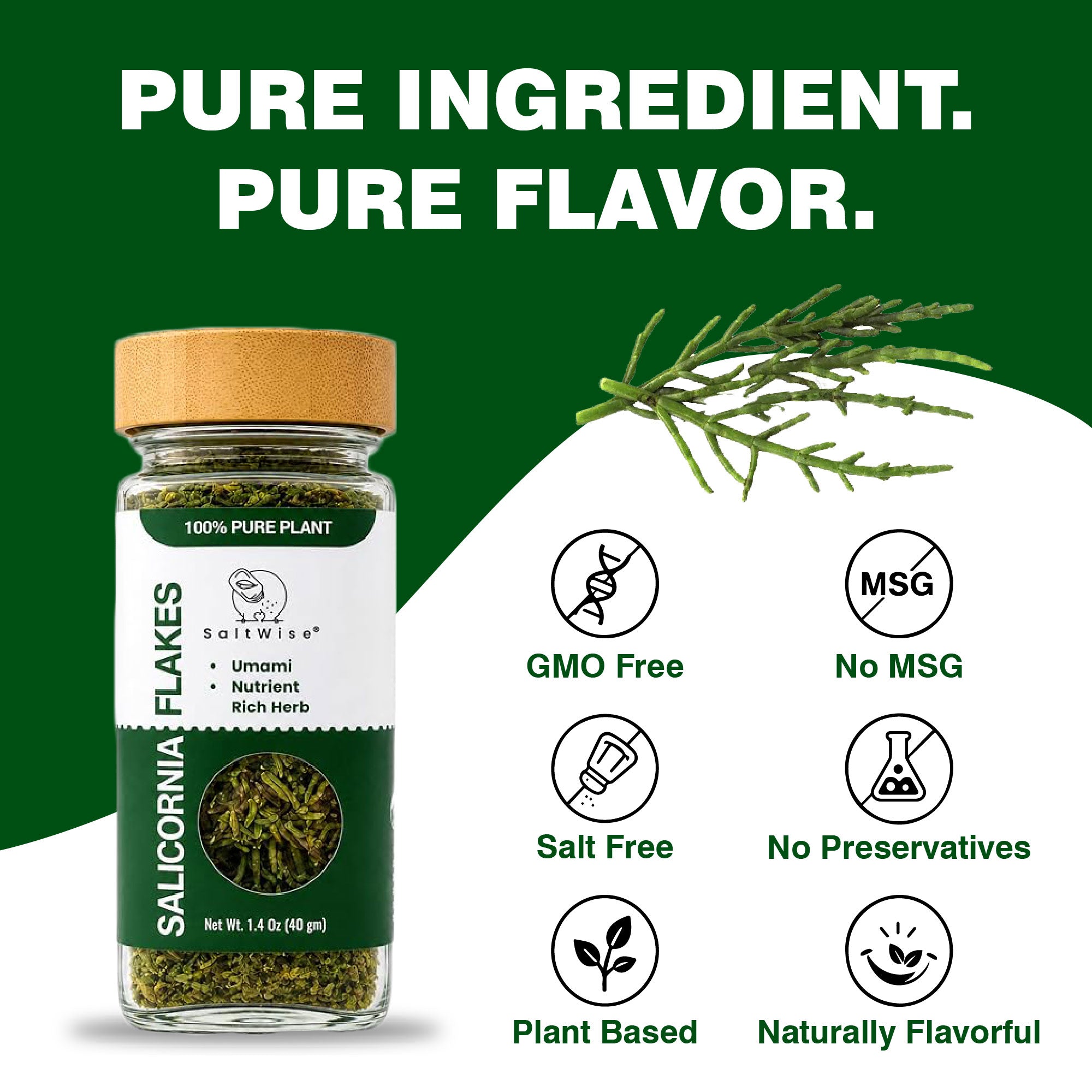 SaltWise Salicornia Flakes, Umami Herb, Dried Sea Asparagus (Samphire, Sea Beans), 40g