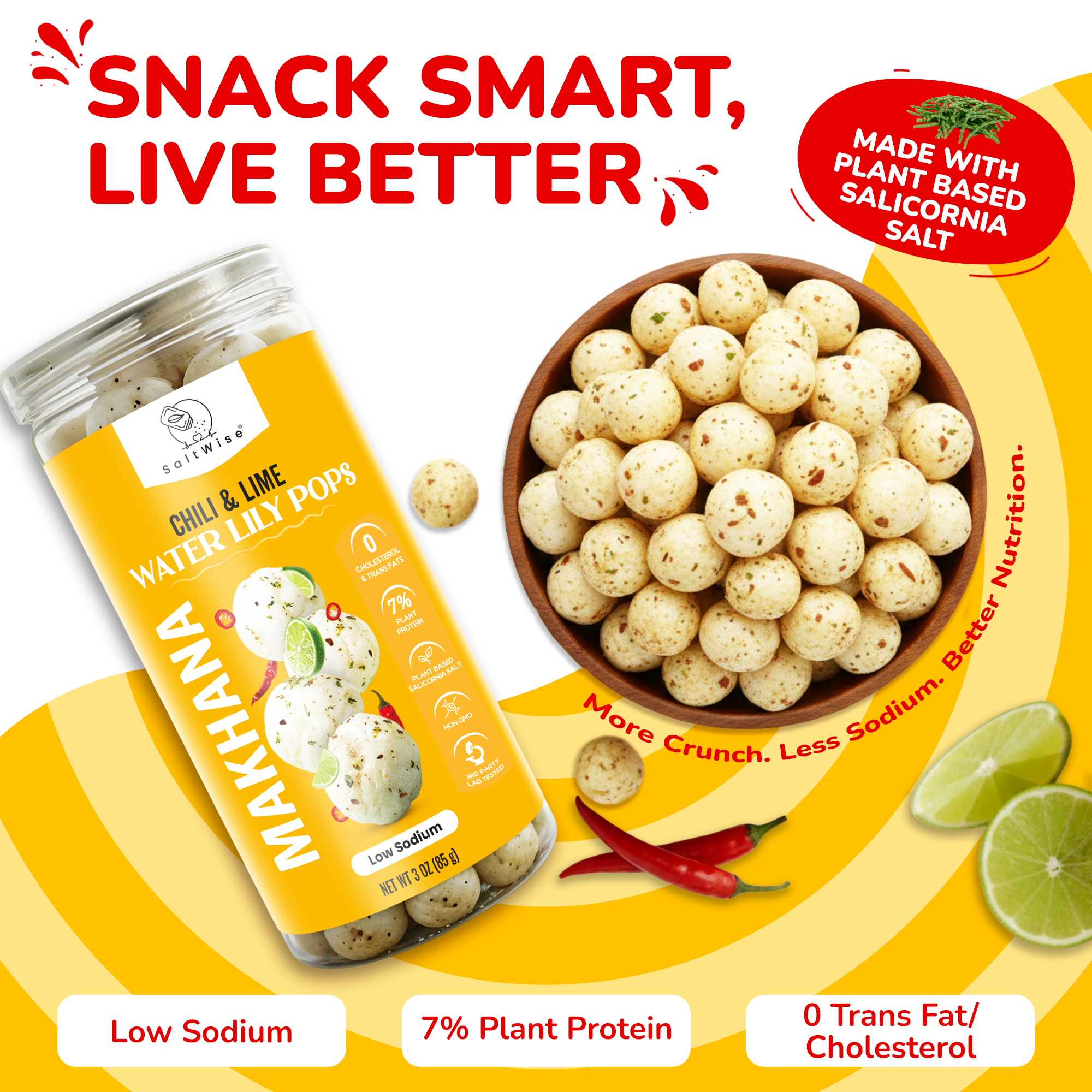 SaltWise Water Lily Pops (Foxnuts/Makhana) - Chili Lime | Low Sodium Plant-Based Snack
