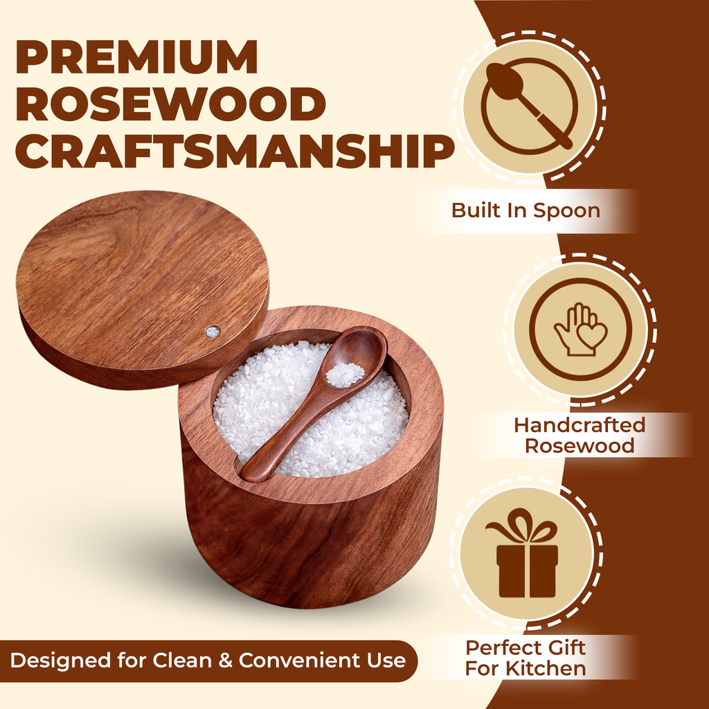 Premium Rosewood Salt Cellar with Magnetic Swivel Lid & Built-in Spoon