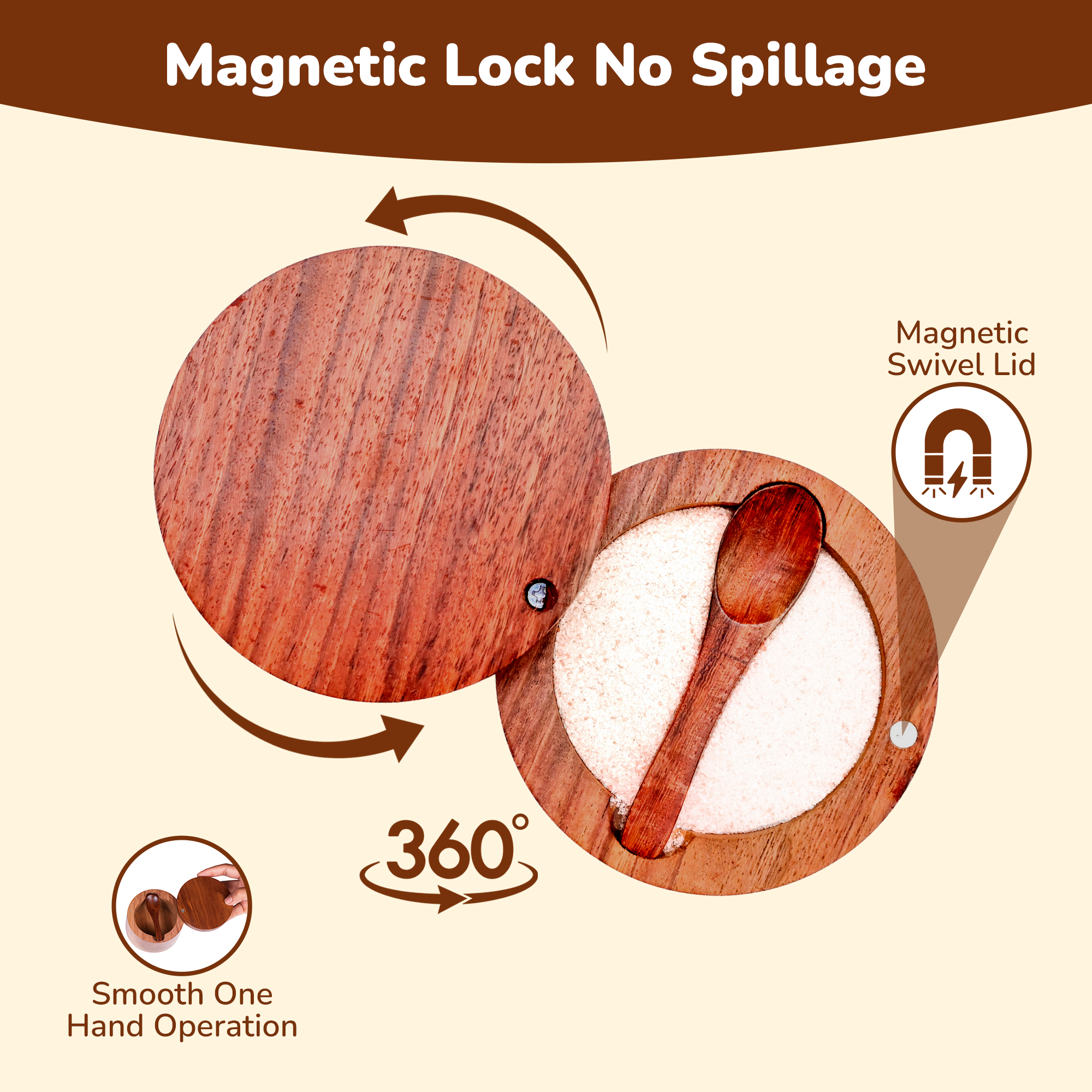 Premium Rosewood Salt Cellar with Magnetic Swivel Lid & Built-in Spoon