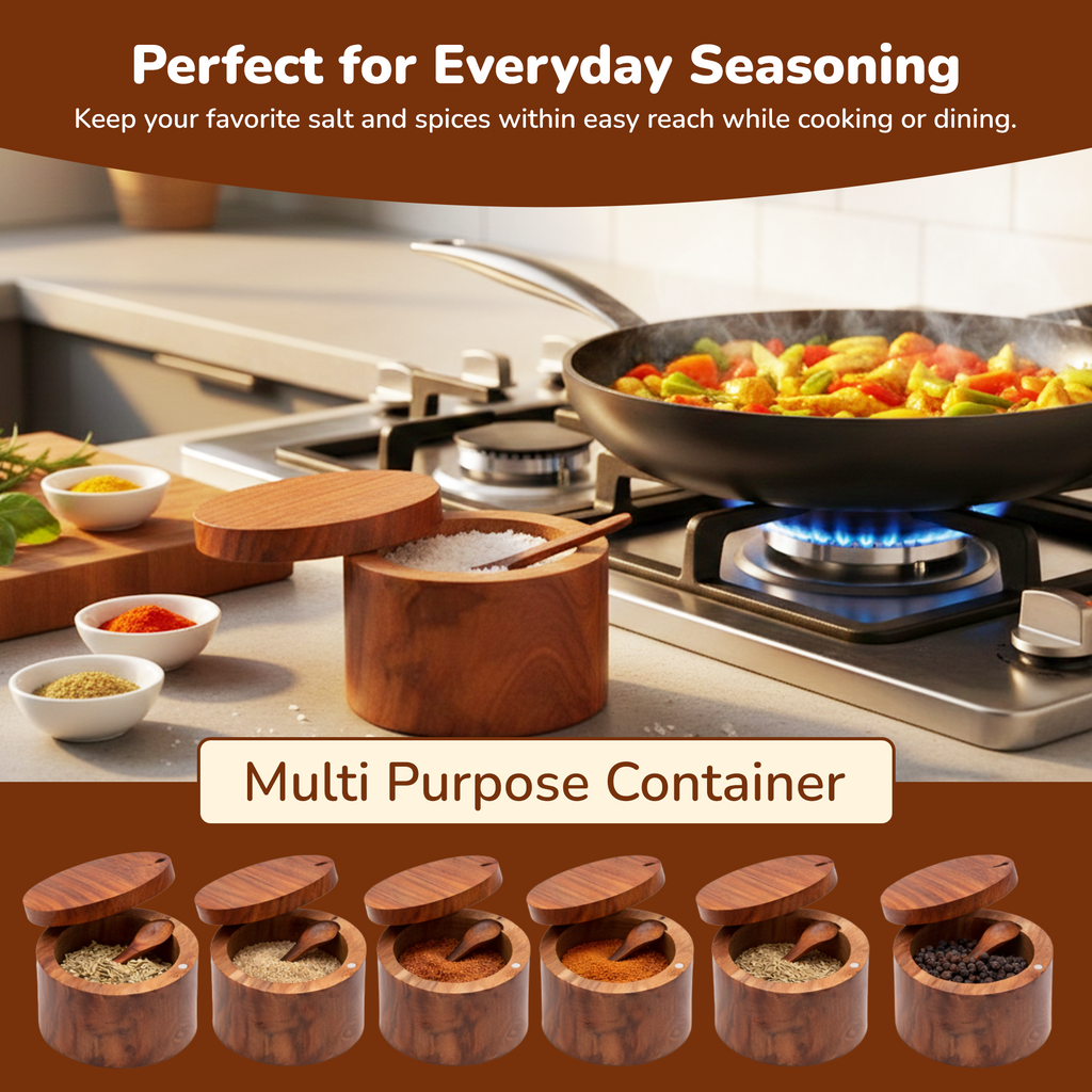 Premium Rosewood Salt Cellar with Magnetic Swivel Lid & Built-in Spoon