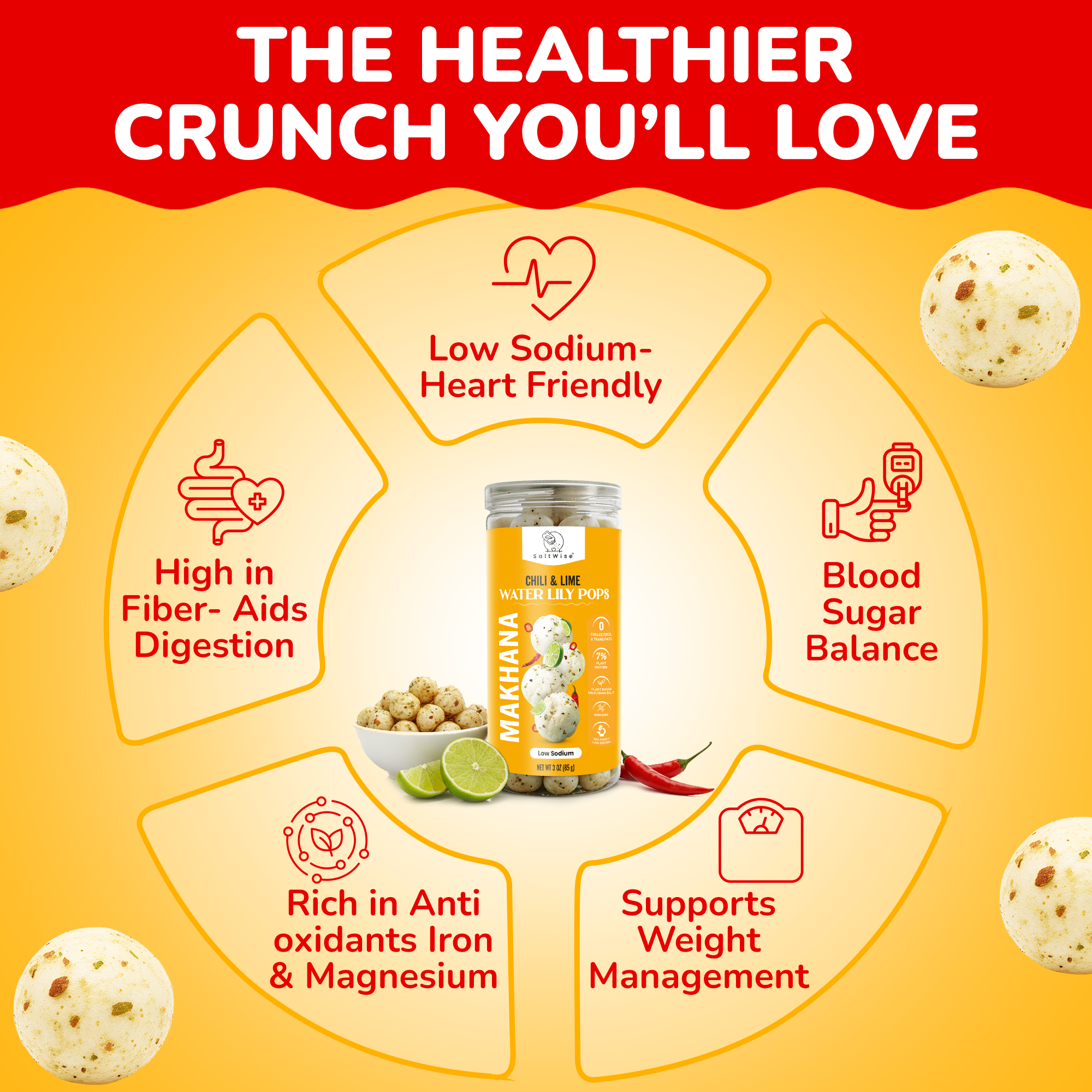 SaltWise Water Lily Pops (Foxnuts/Makhana) - Chili Lime | Low Sodium Plant-Based Snack