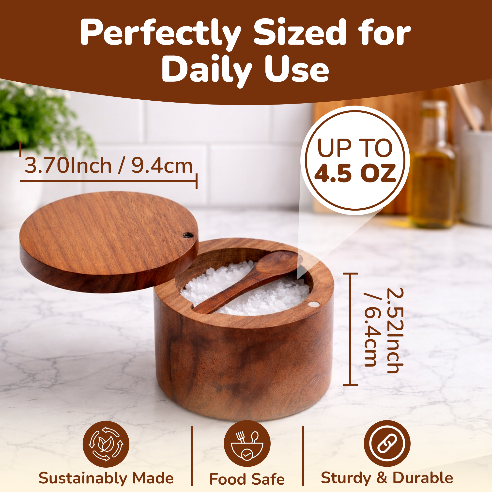 Premium Rosewood Salt Cellar with Magnetic Swivel Lid & Built-in Spoon