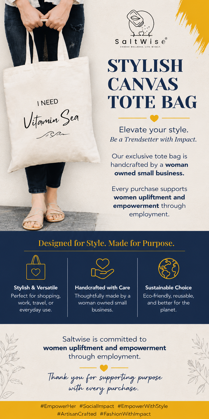 SW - SaltWise Canvas Tote Bag, Natural Color, Reusable Grocery bag, Beach Bag with  printed "I Need Vitamin Sea"