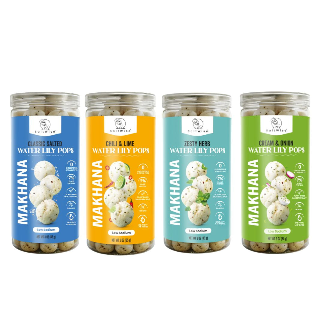 SaltWise Water Lily Pops (Foxnuts/Makhana) - Variety Pack (4 Flavors) | Low Sodium Plant Protein