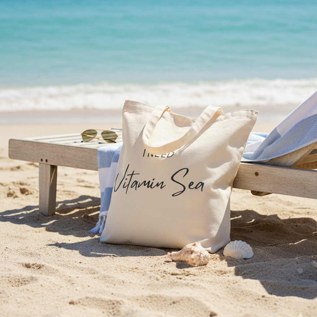 SW - SaltWise Canvas Tote Bag, Natural Color, Reusable Grocery bag, Beach Bag with  printed "I Need Vitamin Sea"